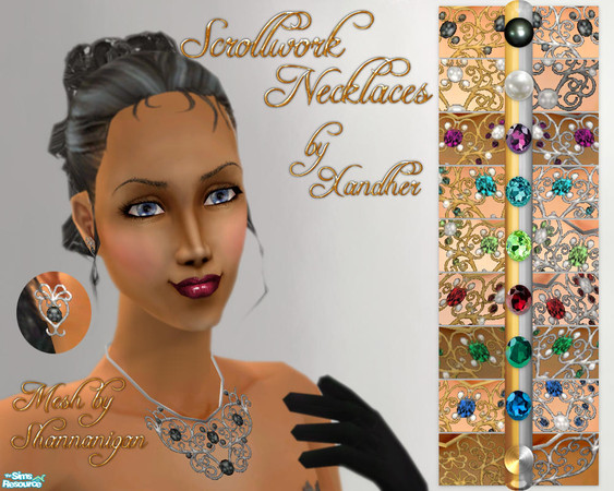 Sims 2 — Scrollwork Necklace Collection by Xandher — A set of intricate "scrollwork" necklaces studded with