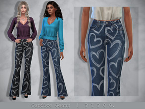 Sims 4 — Candice Jeans (Flared). by Pipco — Heart patterned jeans in 5 colors. Base Game Compatible New Mesh All Lods HQ