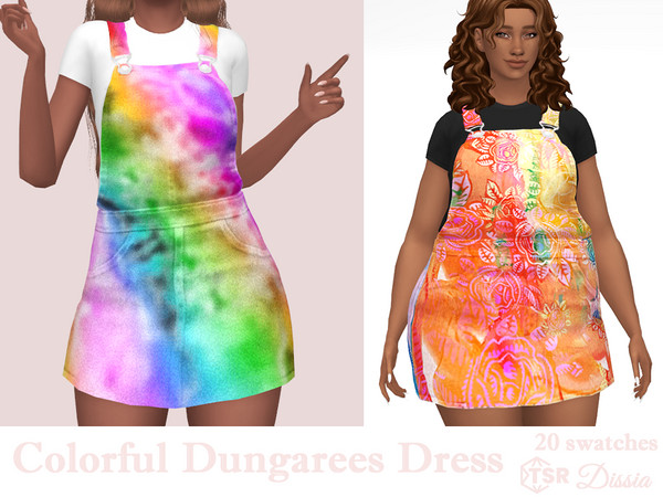 Sims 4 — Colorful Dungarees Dress by Dissia — Cute watercolor patterns dungarees dress with white or black t-shirt under