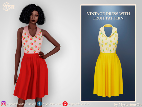Sims 4 — Vintage dress with fruit pattern by MysteriousOo — Vintage dress with fruit pattern in 6 colors