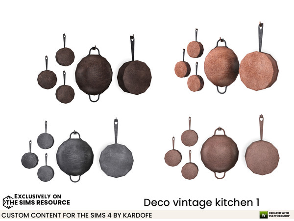 Sims 4 — Deco vintage kitchen Frying pans by kardofe — Decorative wall-mounted frying pan set, in four colour options