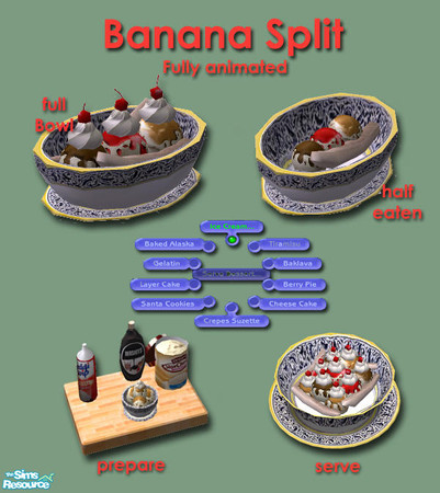 Sims 2 — Ice Cream Delights - Banana Split by Simaddict99 — Made with fresh churned, vanilla ice cream, caramel,