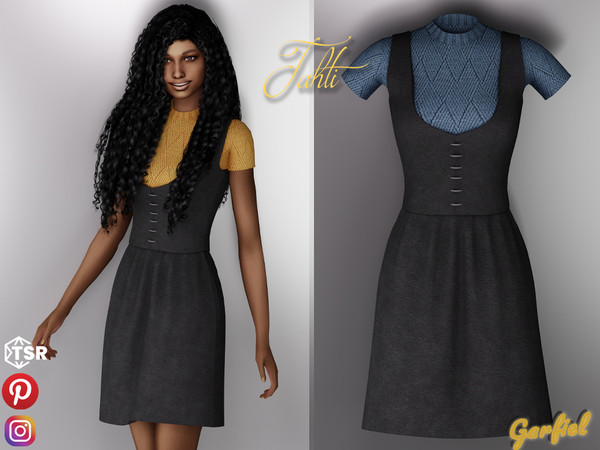 Sims 4 — Tahti -  Corduroy vest with skirt and knitted sweater by Garfiel — Cute female dress - outfit.