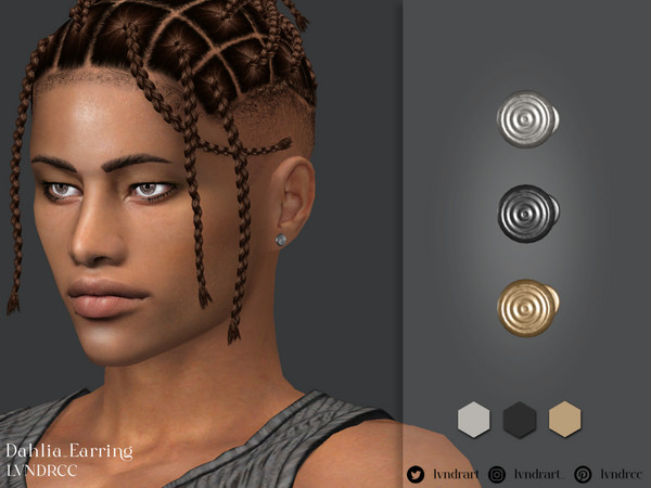 Sims 4 — Dahlia Earring [Left] by LVNDRCC — Small round stud singular earring for men with circular, wielded pattern for