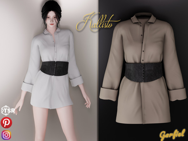Sims 4 — Kallisto - Long shirt and tie corset by Garfiel — Lovely semi-unbuttoned shirt above the knee with a leather