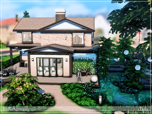 Sims 4 — Tula by Agnezin — Atmospheric modern house with three bedrooms and two bathrooms. A leisure terrace by the pond