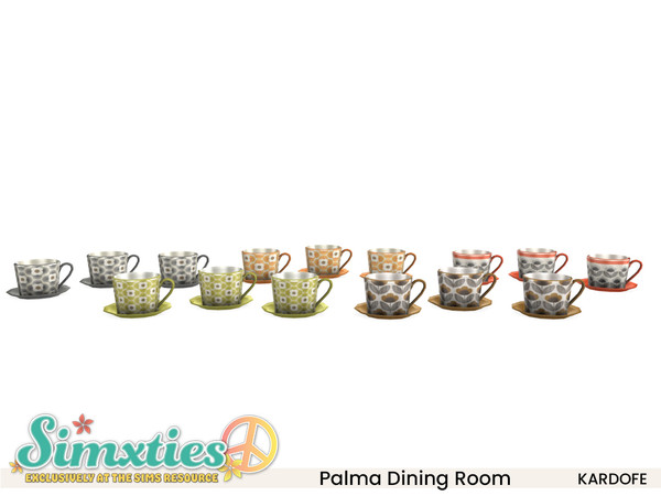 Sims 4 — Simxties_kardofe_Palma Dining Room_Mugs by kardofe — Group of three mugs with dish, in bright and cheerful