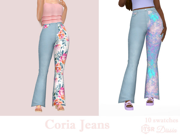 Sims 4 — Coria Jeans by Dissia — High waist bell flare jeans with patterned one leg and pockets Available in 10 swatches