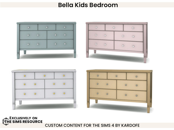 Sims 4 — Bella Kids Bedroom Chest of drawers by kardofe — Wooden chest of drawers, with drawers, in four colour options