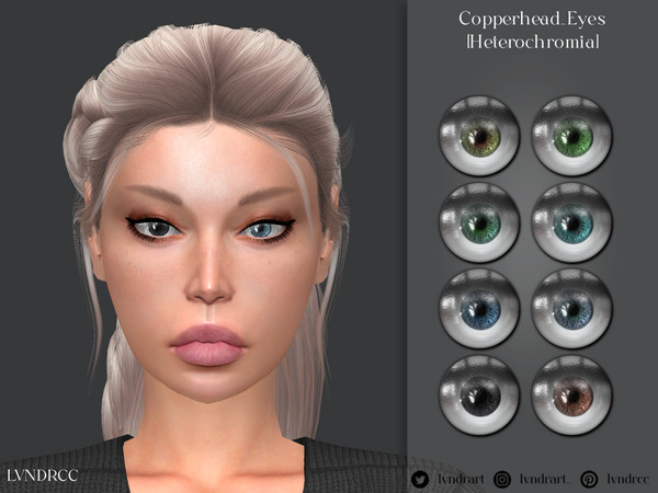 Sims 4 — Copperhead Eyes [Heterochromia] by LVNDRCC — Heterochromia for copperhead default eyes, in 8 carefully selected