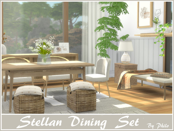 Sims 4 — Stellan Dining Set by philo — A set made of 9 recolours for a diningroom in boho style. This set includes: - 1