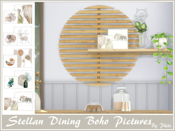 Sims 4 — Stellan Dining Boho Pictures by philo — Lovely boho pictures in two standing frames. 8 Swatches