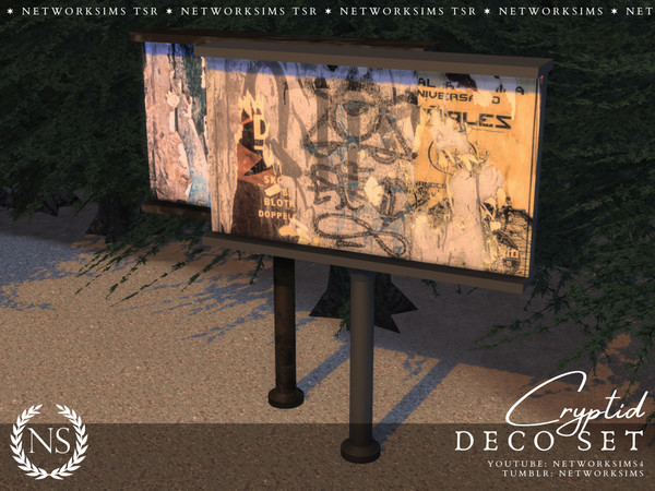 Sims 4 — Cryptid Billboard by networksims — A billboard with peeling advertisements, and either clean or rusty metal.
