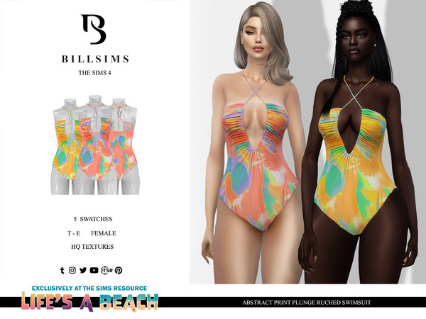 Sims 4 — Life's A Beach - Abstract Print Plunge Ruched Swimsuit by Bill_Sims — This swimsuit features an abstract print