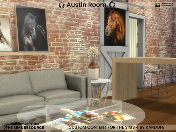 Sims 4 — kardofe_Austin Room_Shelf with pictures by kardofe — Living room with a modern design, for those horse lovers