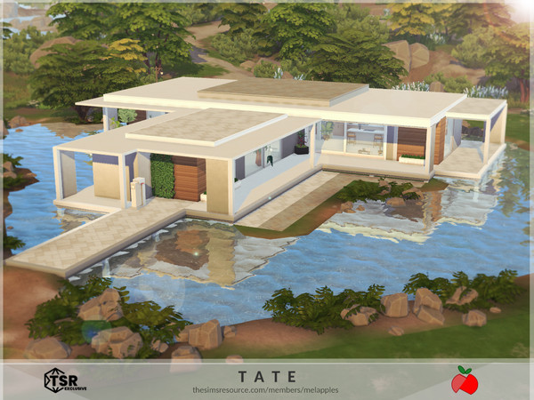 Sims 4 — Tate by melapples — a contemporary 1 bedroom home surrounded by a pond. has one floor with: dining room,