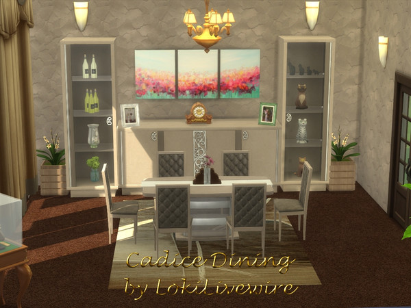 Sims 4 — Cadice Dining by LokiLivewire — Warm tones, with a splash of colour make for relaxing and elegant dining room.