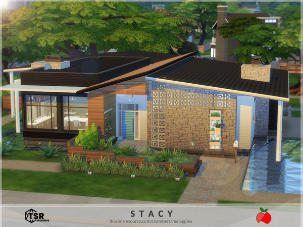 Sims 4 — Stacy by melapples — a 1 floor mid century family home with 3 bedrooms. has a living room, kitchen, dining room,