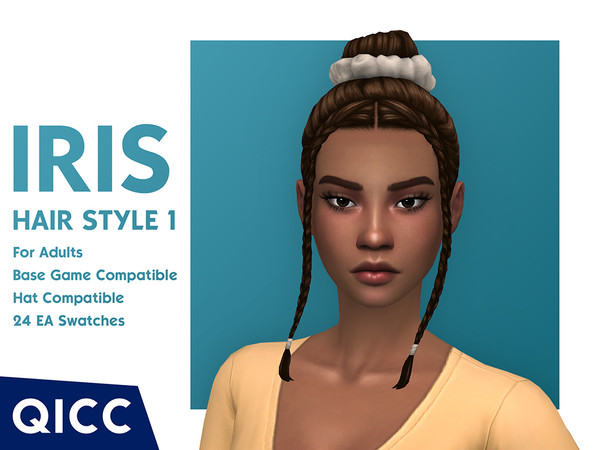 Sims 4 — [QICC]Iris_Hair_Accessory_Overlay.package by qicc — A high bun with a scrunchy and baby braids. - Maxis Match
