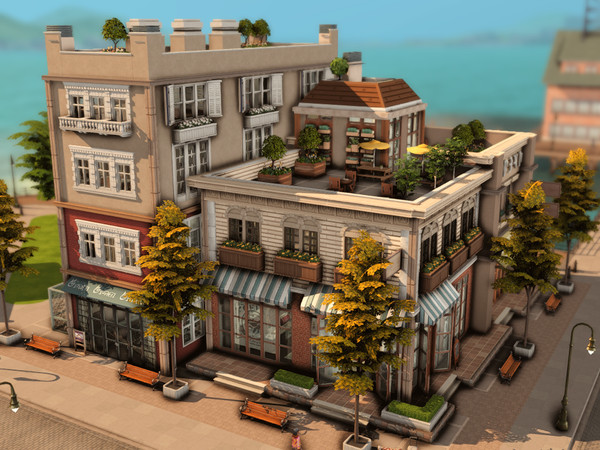 Sims 4 — Coffee Shop (multi-functional lot) by plumbobkingdom — This multifunctional building successfully combines