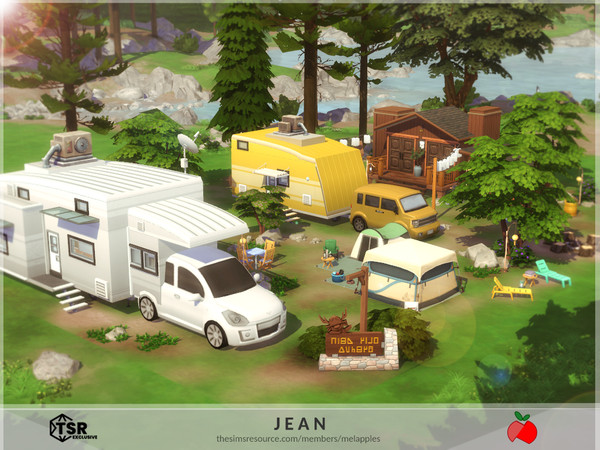 Sims 4 — Jean by melapples — a camping ground with motor homes and tents. second floor has a white motorhome with 2