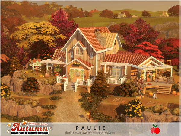Sims 4 — Paulie by melapples — a two floor cabin with 3 bedrooms, decorated for autumn. first floor has a living room,