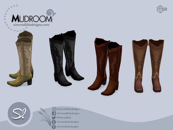 Sims 4 — Mudroom Shoe 3 - Cowgirl boots by SIMcredible! — The second part of our Ranch Mudroom has 10 decorative items.