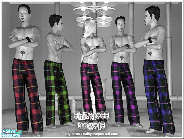 Sims 2 — MSR Shirtless Angels Plaid Pajamas by my_sims_reality — 5 plaid pjs for your adult males. Colors: red, blue,