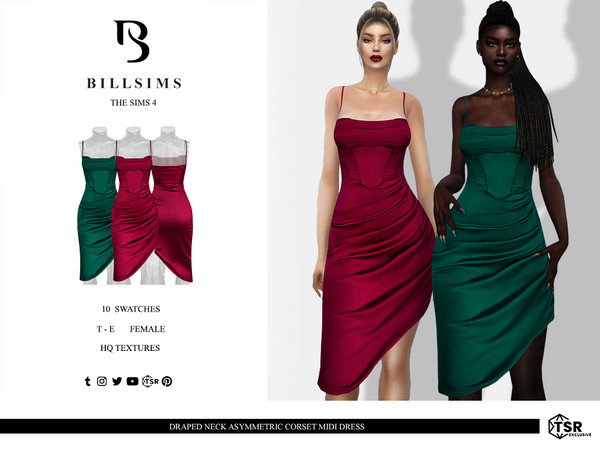 Sims 4 — Draped Neck Asymmetric Corset Midi Dress by Bill_Sims — This dress features a satin material with a draped