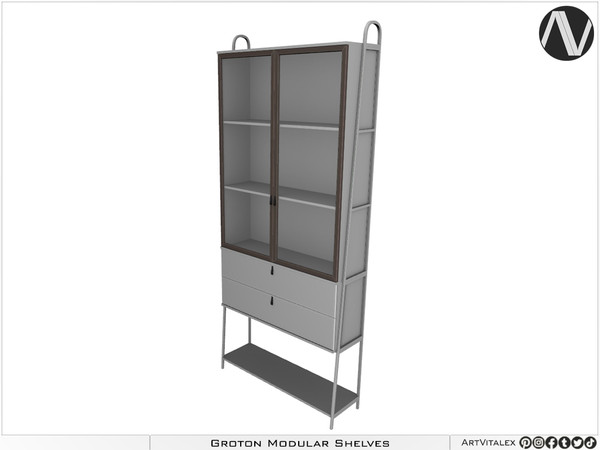 Sims 4 — Groton Wide Five Tier Shelf With Glass Two Doors And Drawers by ArtVitalex — Office And Study Room Collection -