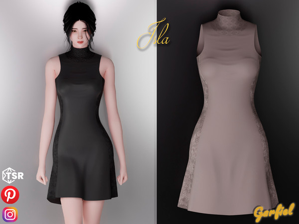 Sims 4 — Isla - Leather sleeveless dress with corduroy inserts by Garfiel — Cute female dress outfit with corduroy