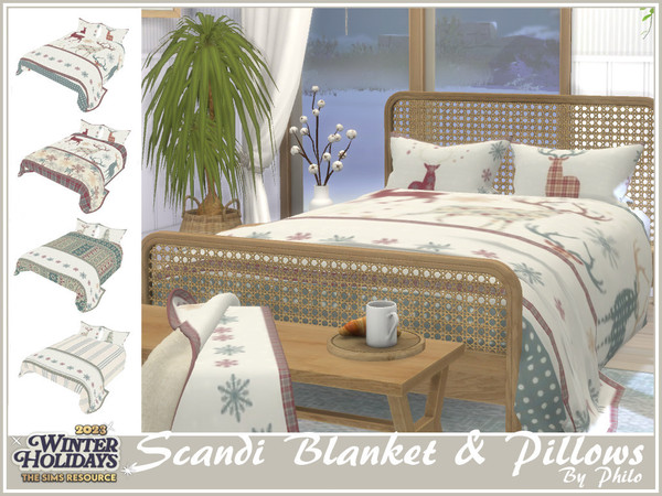 Sims 4 — Scandi Bed Blanket by philo — This set made up of 10 objects was designed to give your winter bedrooms a cozy