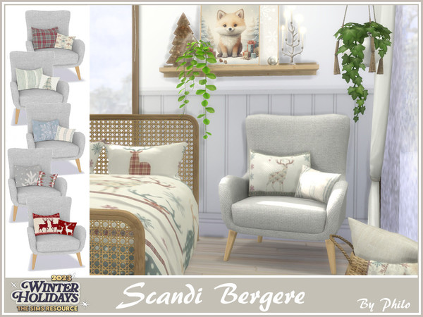 Sims 4 — Scandi Bergere by philo — This set made up of 10 objects was designed to give your winter bedrooms a cozy and