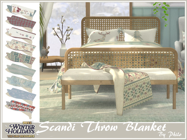 Sims 4 — Scandi Throw Blanket by philo — This set made up of 10 objects was designed to give your winter bedrooms a cozy