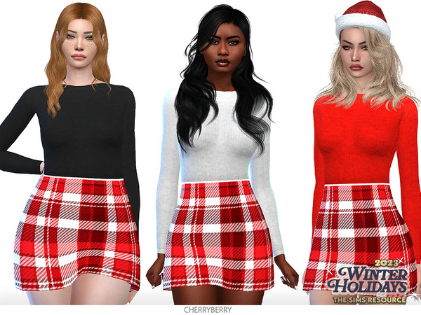 Sims 4 — Branca - Dress by CherryBerrySim — Christmas plaid pattern dress with a sweater