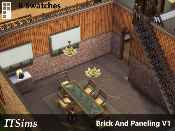 Sims 4 — Brick And Paneling V1 by ITSims2024 — Brick and Paneling with white and brown trim. 6 swatches are available to