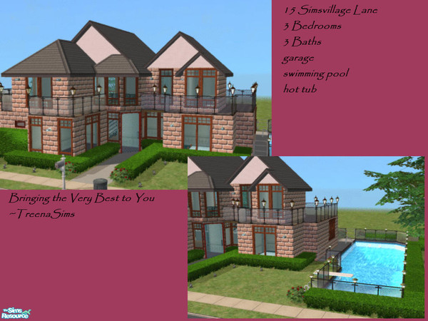 Sims 2 — 15 SimsVillage Lane by treenasims — This three bedroom,three bath home comes with a garage,swimming pool and