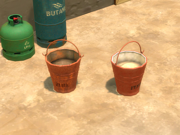 Sims 4 — Sand-filled Fire Bucket by Cyclonesue — In two colour options (new and rusty) - matches the broken bucket in the