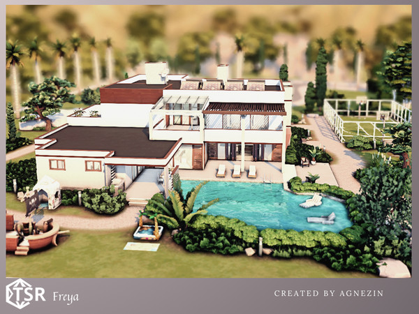 Sims 4 — Freya by Agnezin — Large modern residence. It has three bedrooms, four bathrooms, a sauna, a gym, a swimming