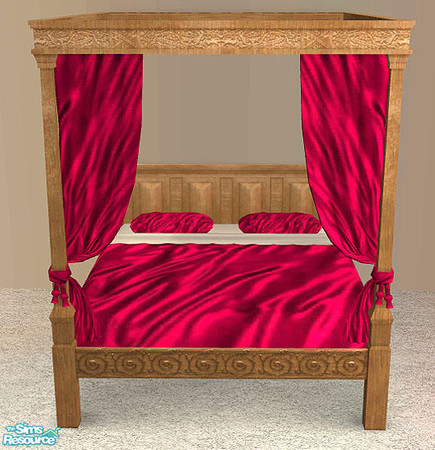 Sims 2 — Luxurious Silk Bedroom - Bed and Bedding by munchkin_brat — Slippery red silk bedding and medium wood frame.