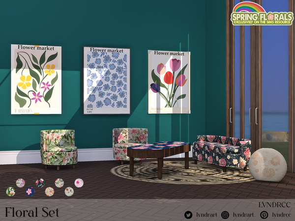 Sims 4 — Floral Chair by LVNDRCC — Comfort set with variety of flower patterns, perfect to liven up reading nook or
