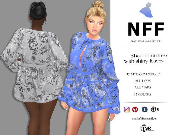 Sims 4 — Short mini dress with shiny leaves by Nadiafabulousflow — Short mini dress with long sleeves and shiny leaves