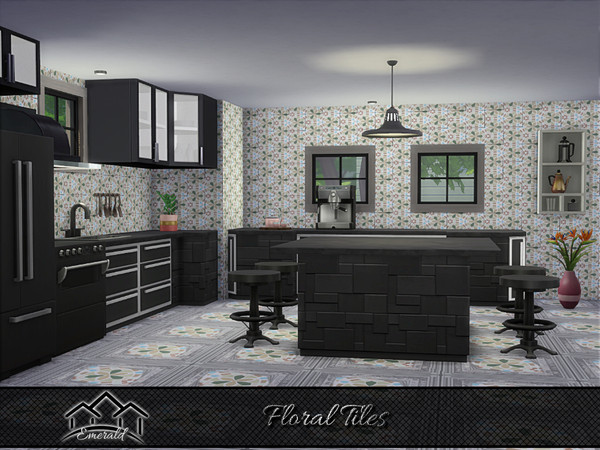 Sims 4 — Floral Tiles S4 by Emerald — Add a unique designs with floral tiles to your kitchen.