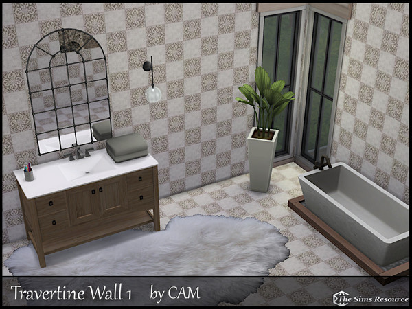 Sims 4 — [CAM]TravertineTileWall.package by coll22 — A travertine-tiled wall and floor set with slate accents.