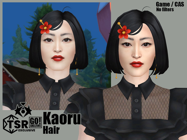 Sims 4 — GOAmazons_KaoruHairAccRecolor.package by GoAmazons — Classic bob hairstyle with elegant flower hair pin.
