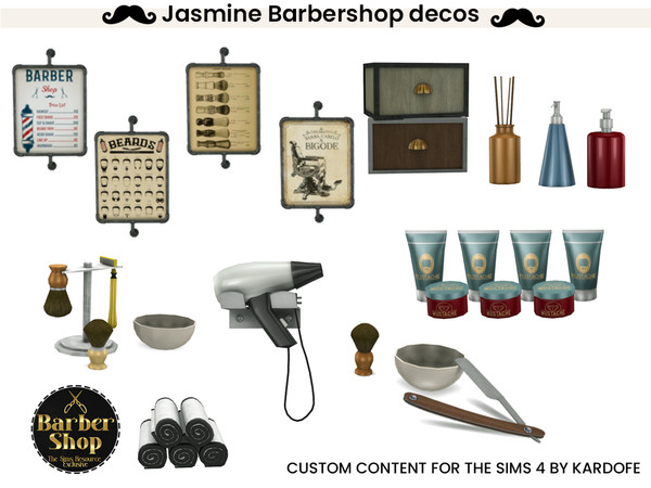 Sims 4 — Jasmine Barbershop decos by kardofe — Decorative objects to decorate a barber's shop