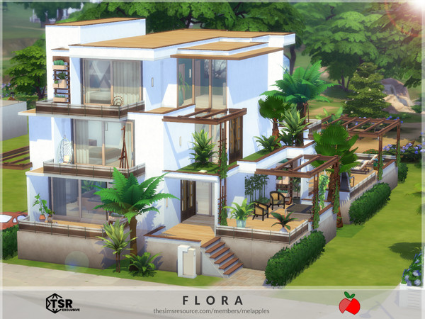 Sims 4 — Flora by melapples — a modern house 3 bedroom house. shades of green and wood. for a medium sized household with