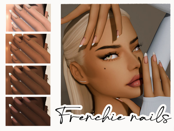 Sims 4 — frenchie nails by thatsims4core — almond shaped french nails with 9 base colours, white tips and black tip