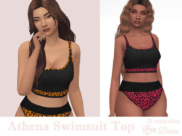 Sims 4 — Athena Swimsuit Top by Dissia — Black swimwear top with cheetah pattern strap and borders