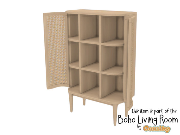 Sims 4 — Comiko Boho Living Room Open Cabinet by Comiko — Boho Living Room Set is base game compatible and consists of 20